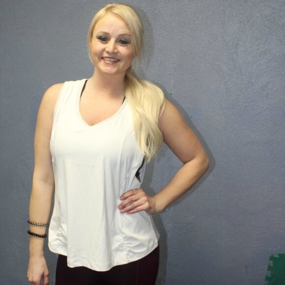 White Scoop Muscle Tank Top Neck Mesh Back Gym - Picture 2 of 3